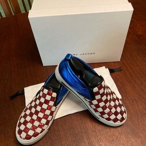 Marc Jacobs Mercer Leather Sequin slip on Skate Sneaker Red white & Blue!!!